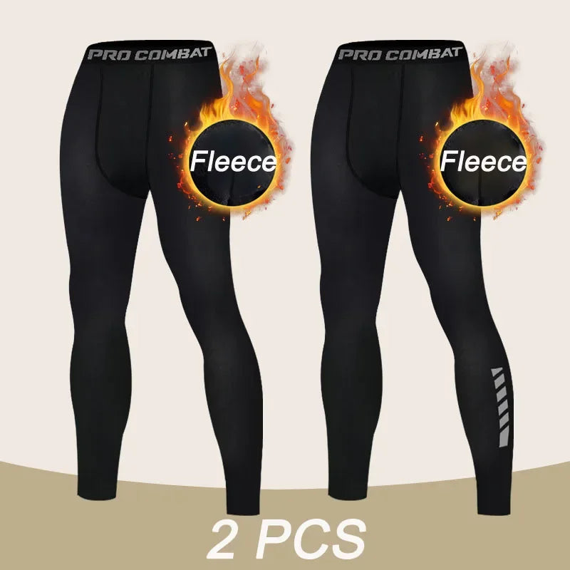 Men's Fleece Compression Leggings - Thermal Running Tights for Winter